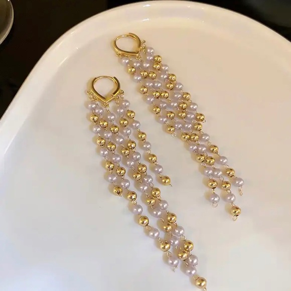 Long Gold and White Pearl Tassels Earrings - Picture 6 of 7